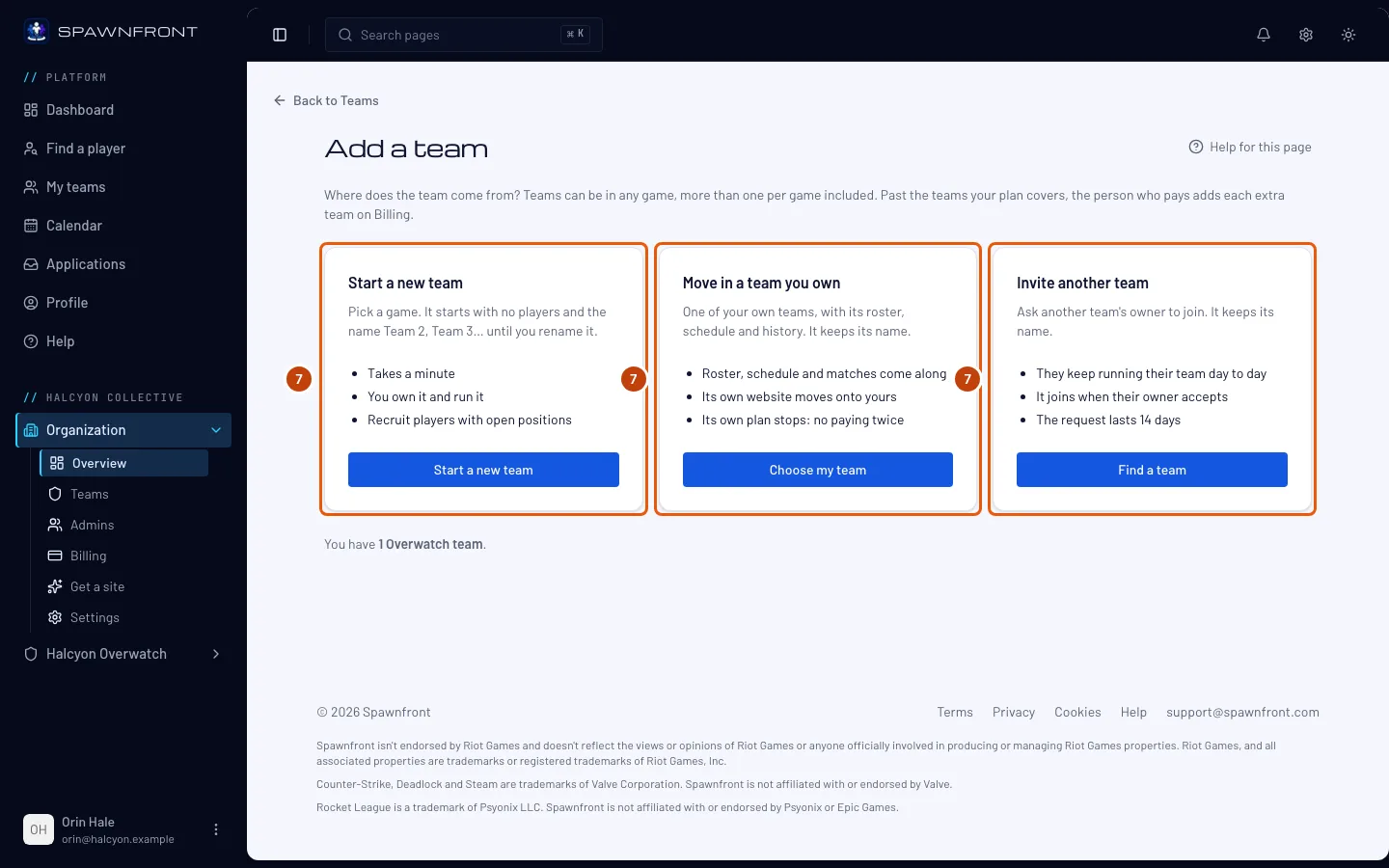 The Add a team page, with its three ways to add a team outlined.