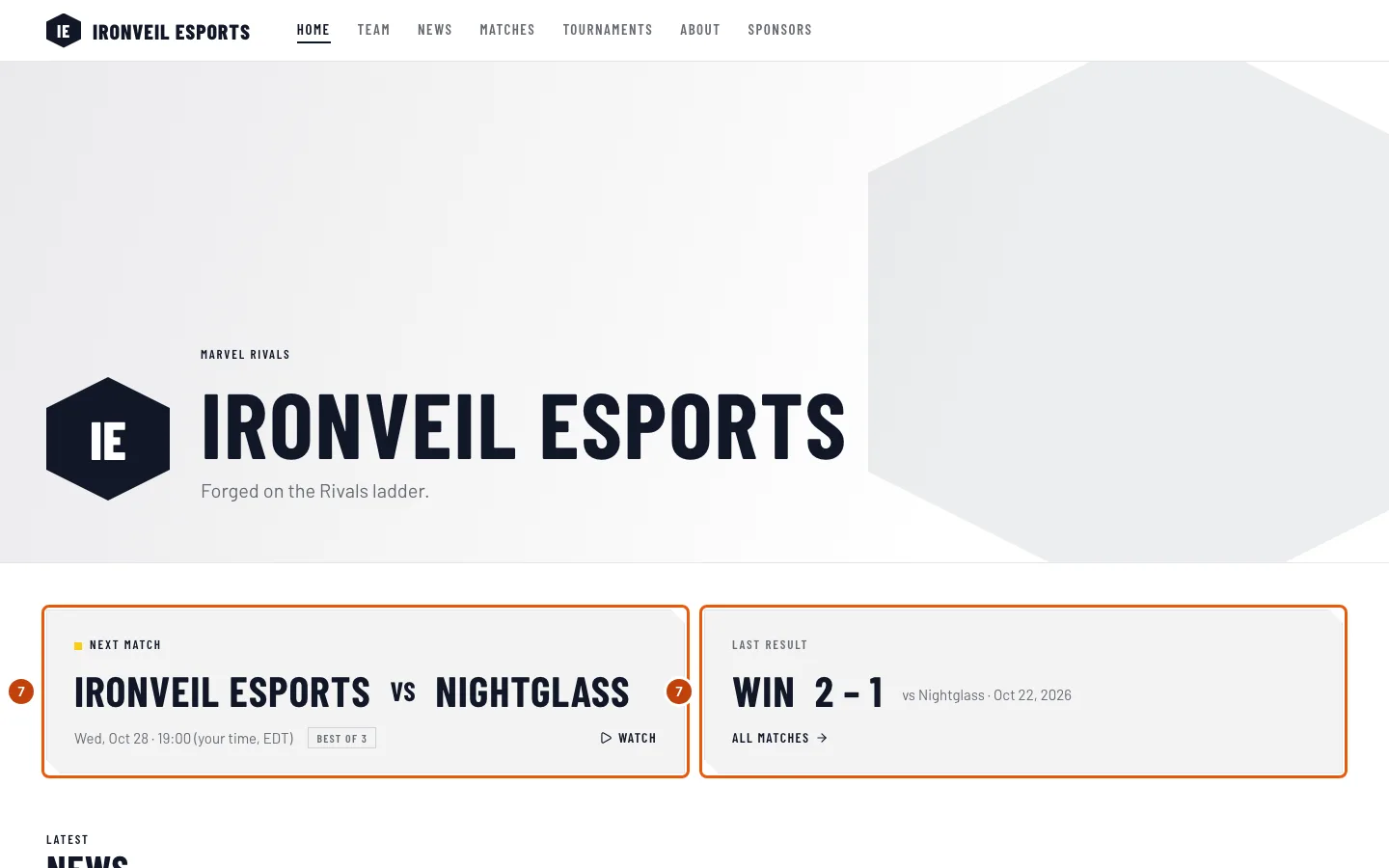 The team's home page, with the Next match and Last result panels outlined.