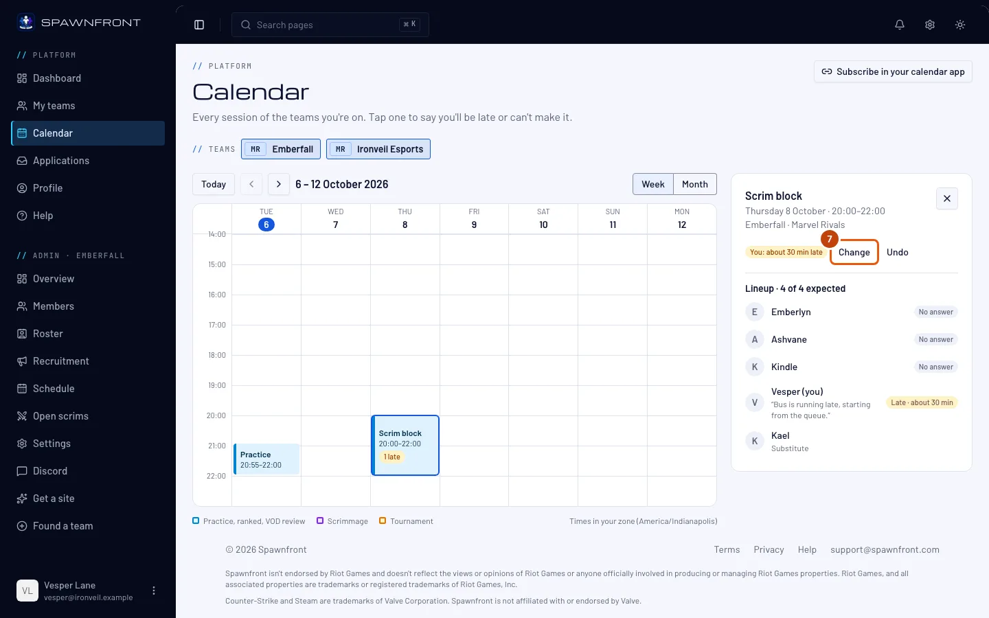 Your status on the session, with the Change button outlined.