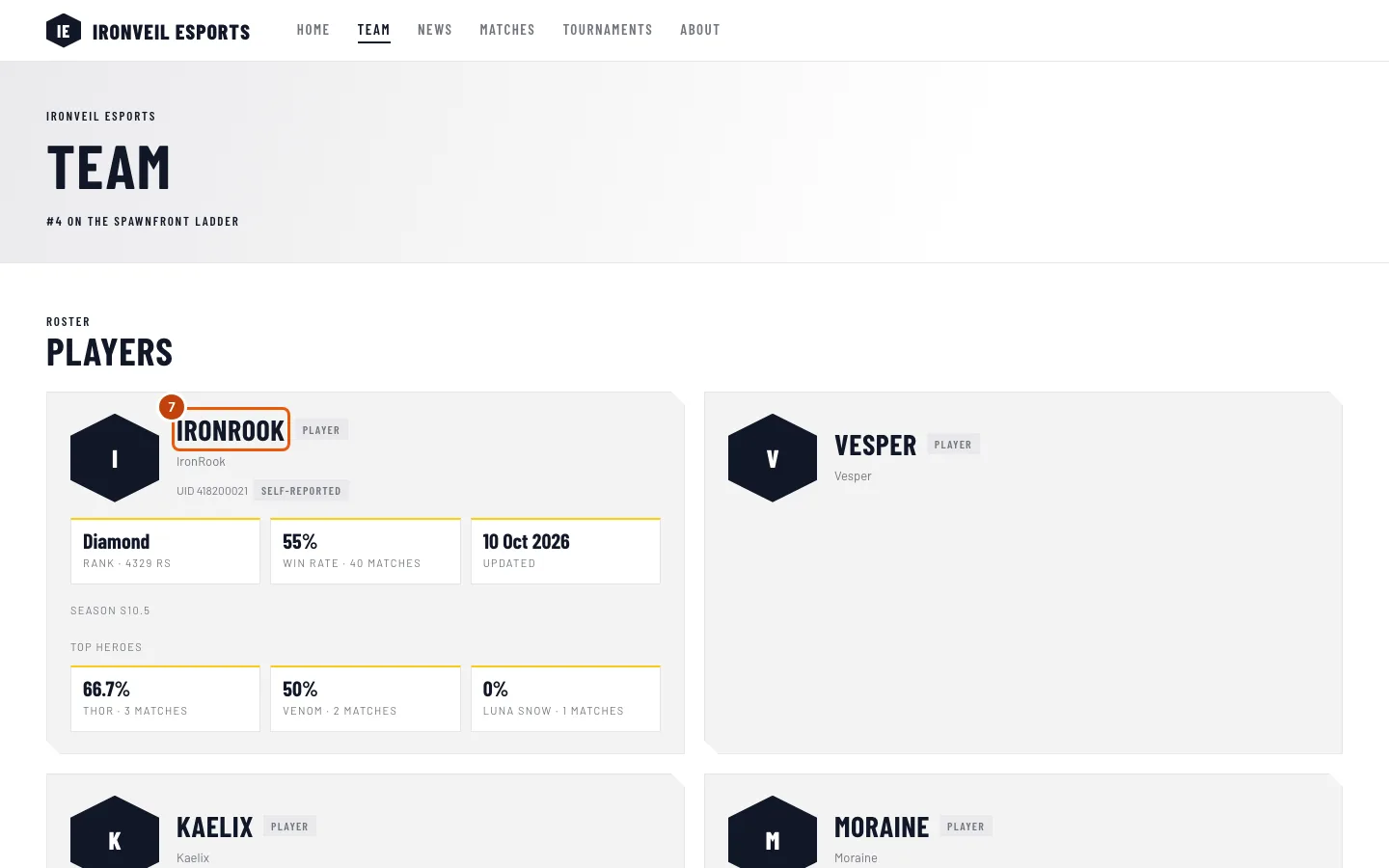 The team website's Team page, with a player's name outlined.