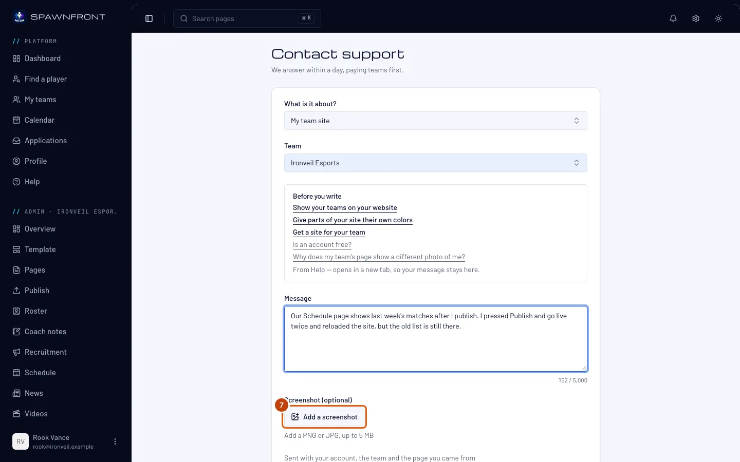 The Add a screenshot button under Screenshot (optional), outlined.