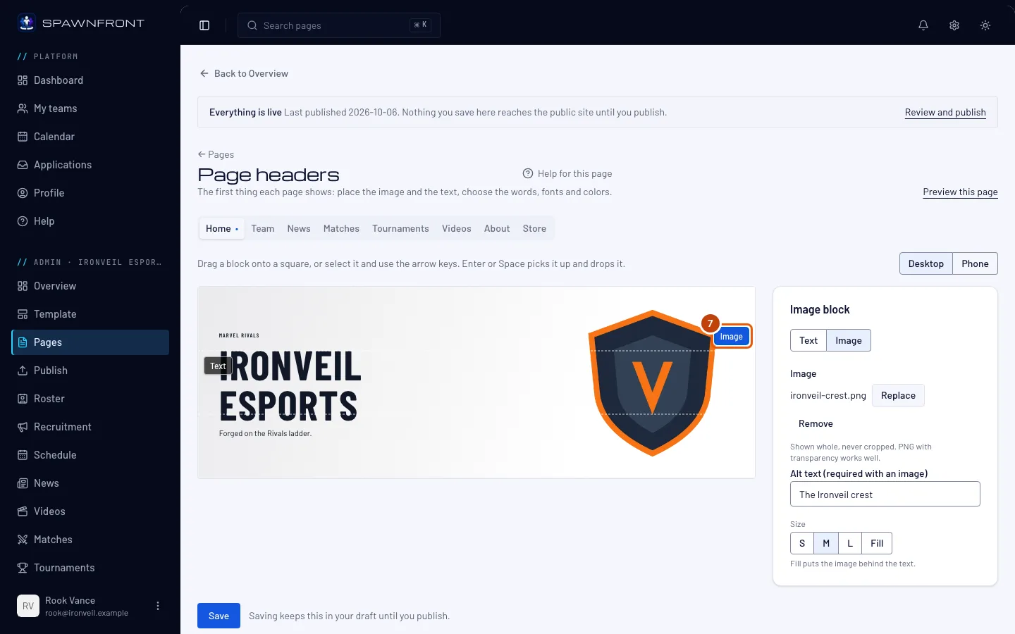 The header with the image moved to the top right square, its handle outlined.