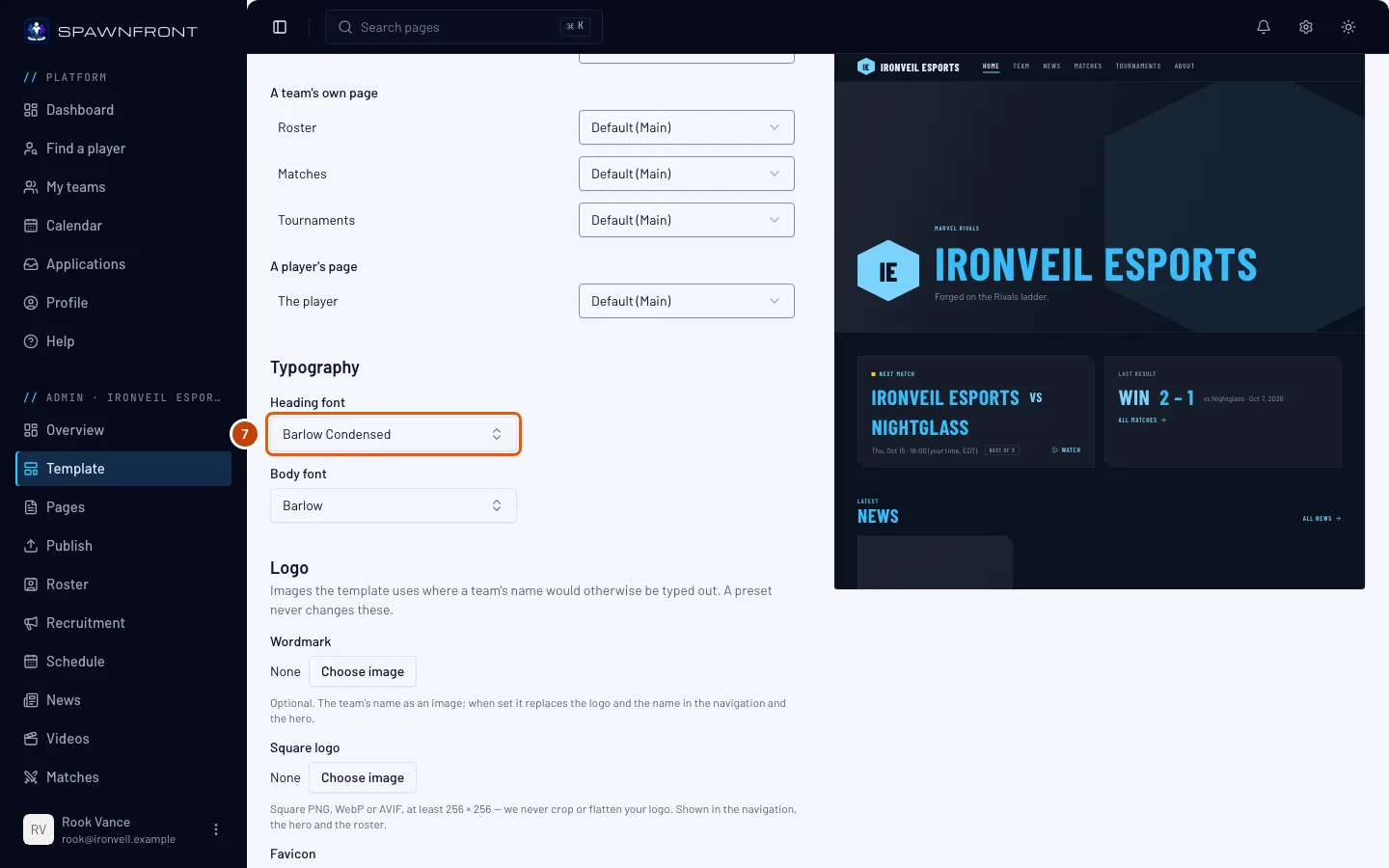 The Typography section, with the Heading font menu outlined.