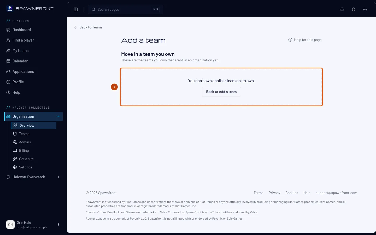 The Move in a team you own page for an account that owns no other team, saying “You don't own another team on its own.”