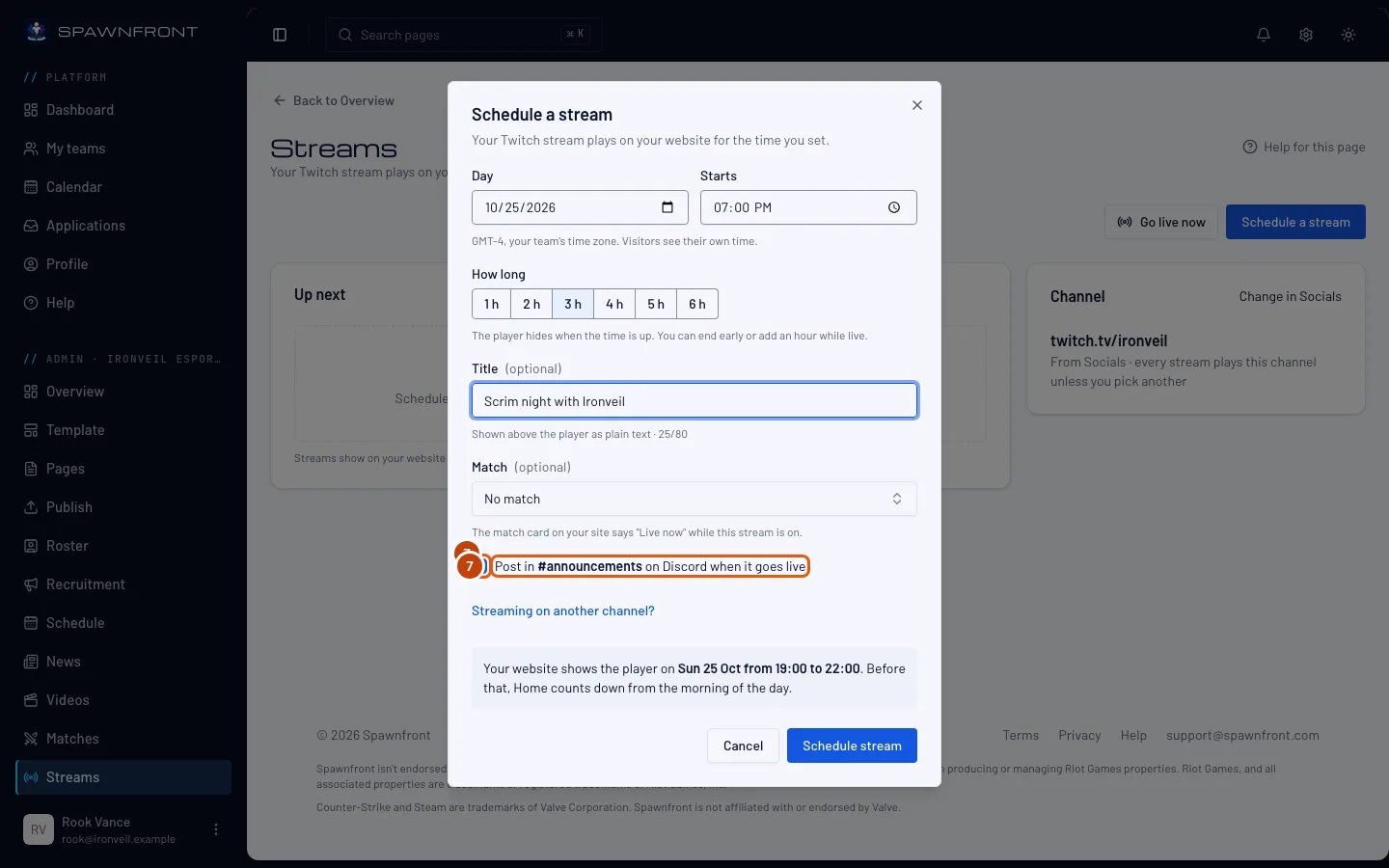 The ticked Post in #announcements on Discord when it goes live box, outlined.