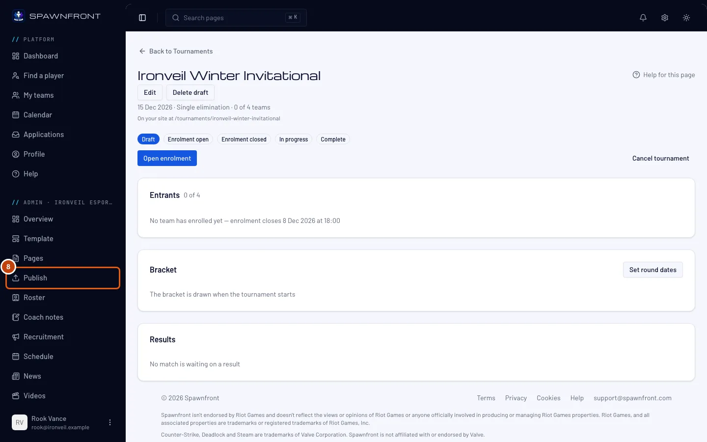 Your team's admin, with Publish outlined in the sidebar.