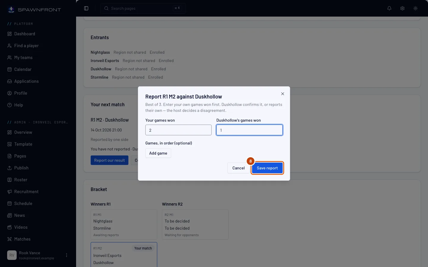 The report box with a score typed in, the Save report button outlined.