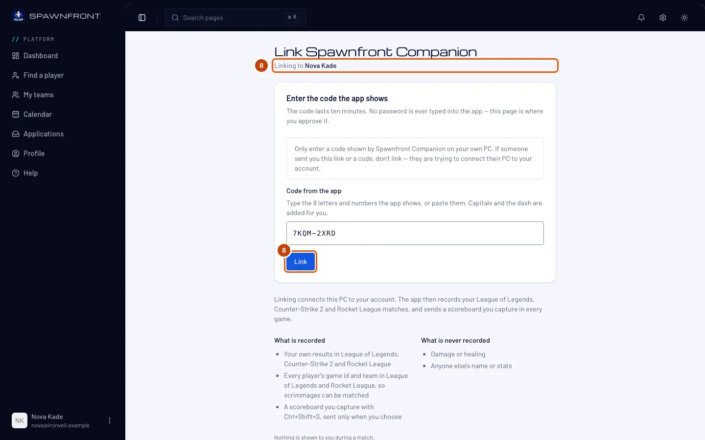 The Link Spawnfront Companion page with the code filled, and Link outlined.