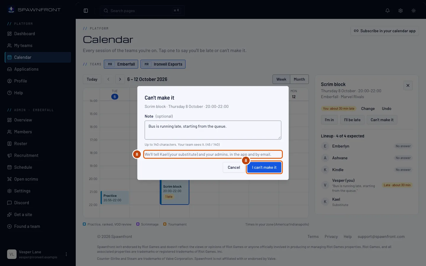 The Can't make it box, with the sentence naming who will be told and the I can't make it button outlined.