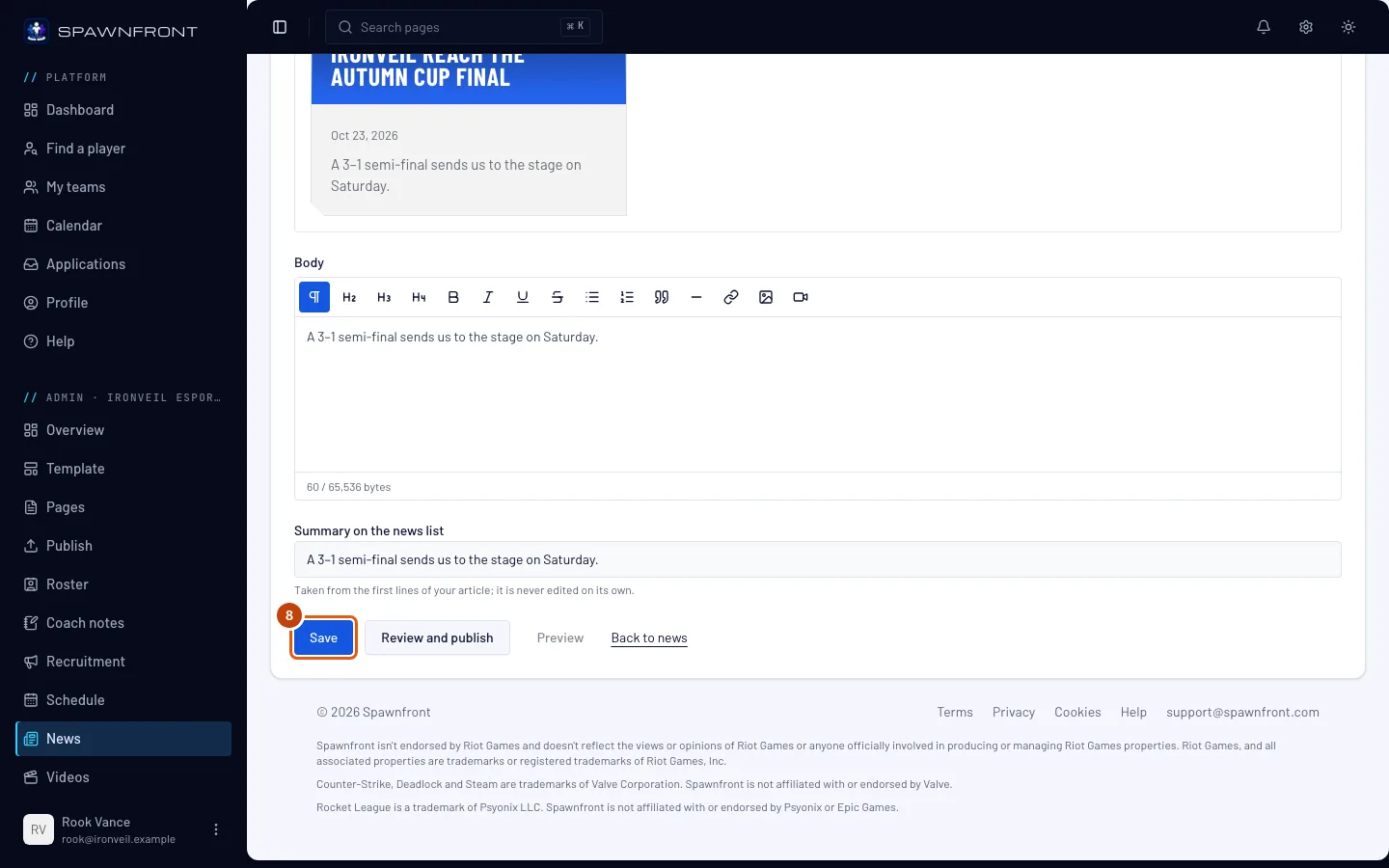 The article form, with the Save button outlined.