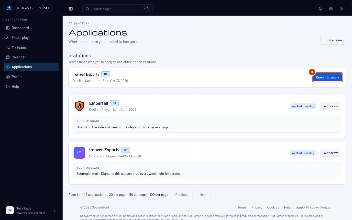 The Invitations section on Applications, with Open it to apply outlined.
