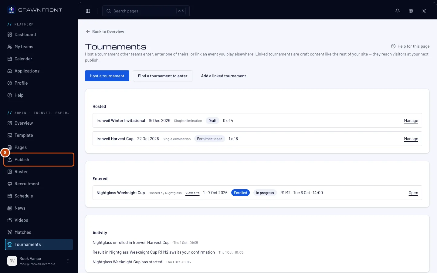 The team's admin menu, with Publish outlined.
