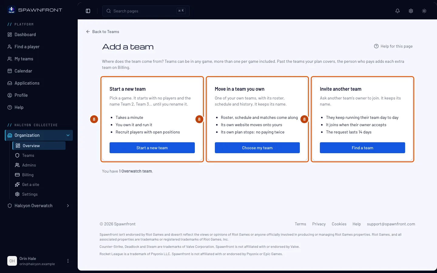The Add a team page, with its three ways to add a team outlined.