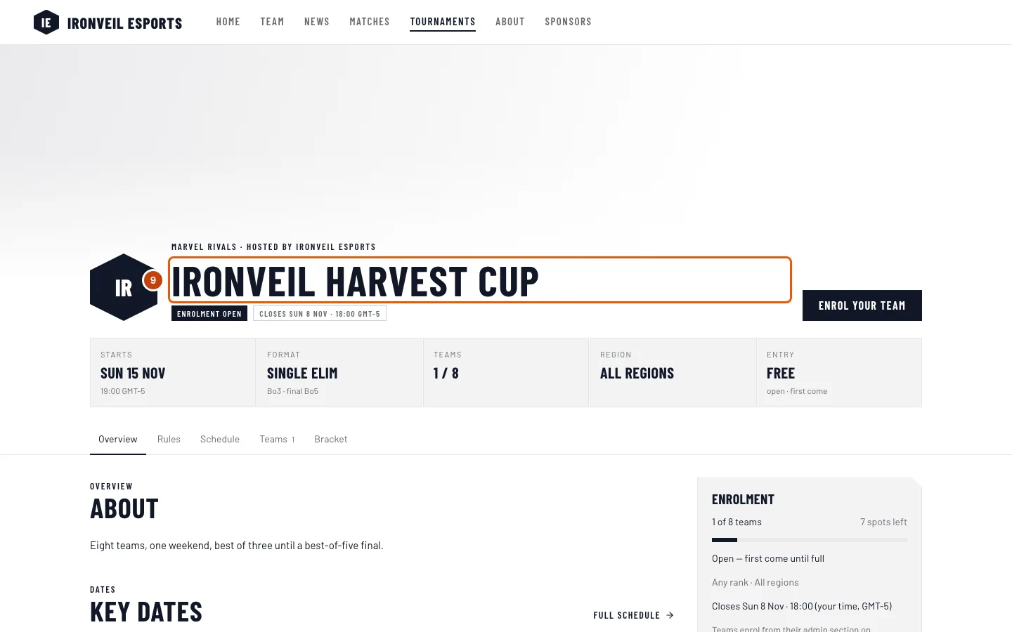 The Ironveil Harvest Cup's page on Ironveil's site, with its name outlined.