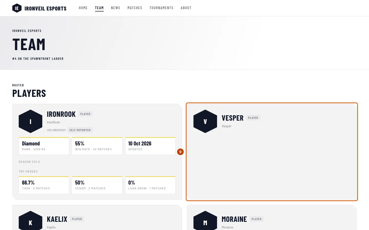 Ironveil Esports' Team page, with Vesper's card outlined.