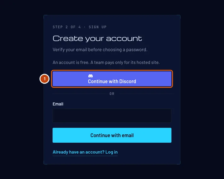 The Create your account page, with Continue with Discord outlined above the Email box.