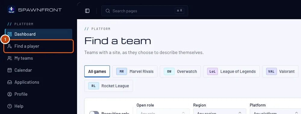 The menu, with Find a player outlined.