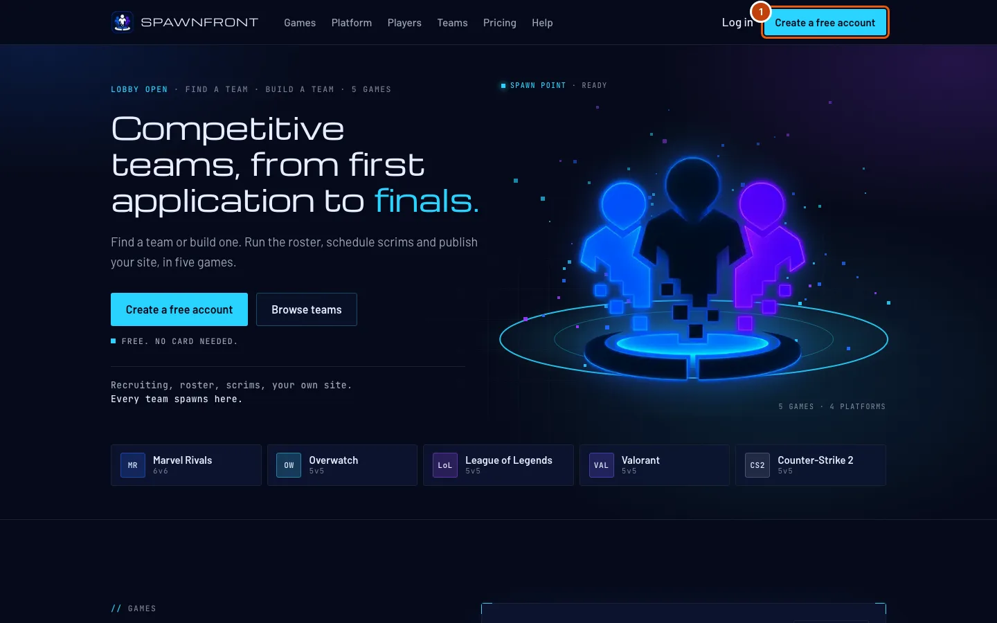The Spawnfront home page, with Create a free account outlined in the header.