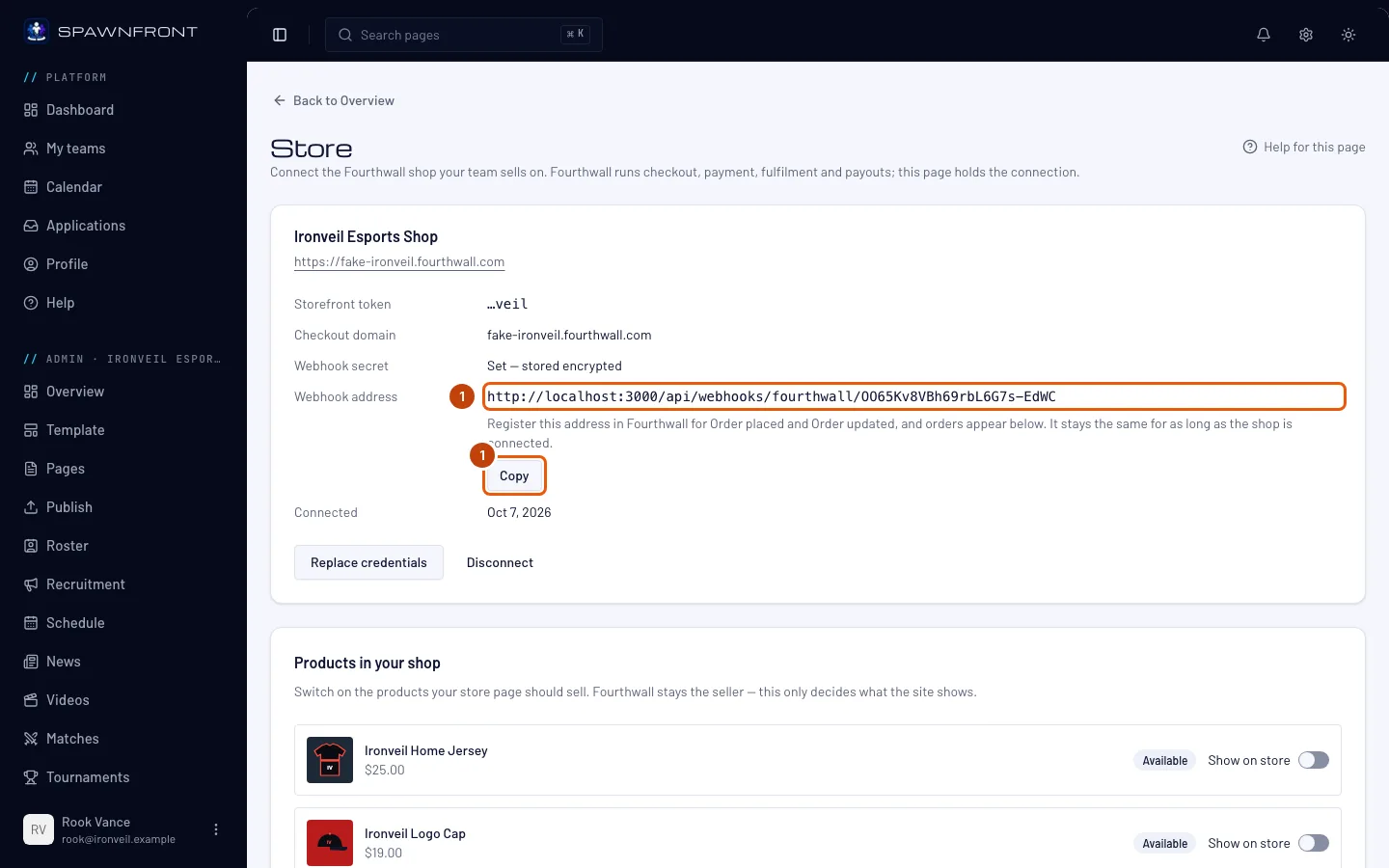The connected shop's card on the Store page, with the webhook address and its Copy button outlined.