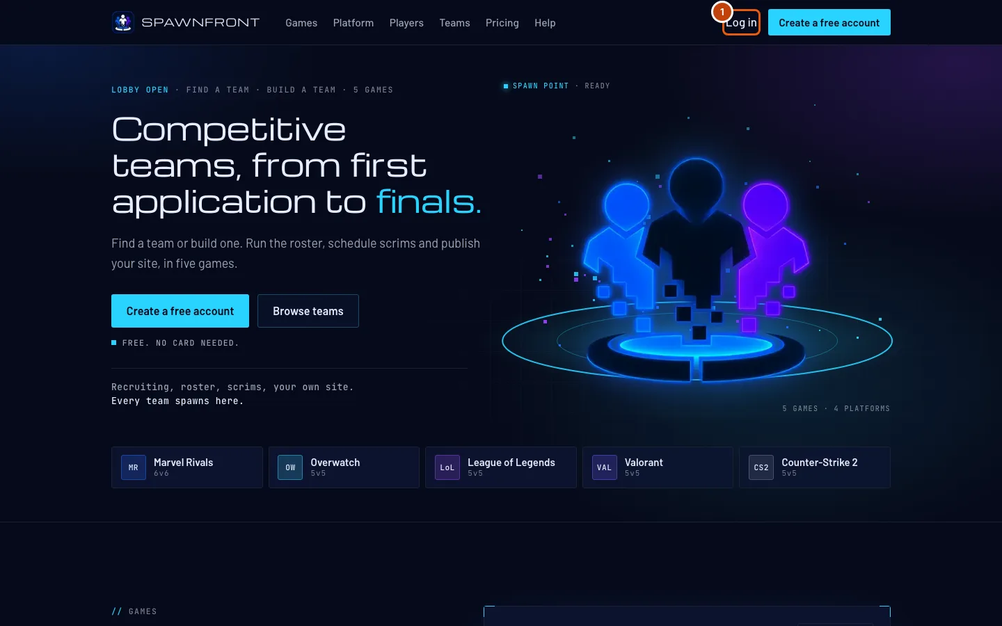 The Spawnfront home page, with Log in outlined in the header.