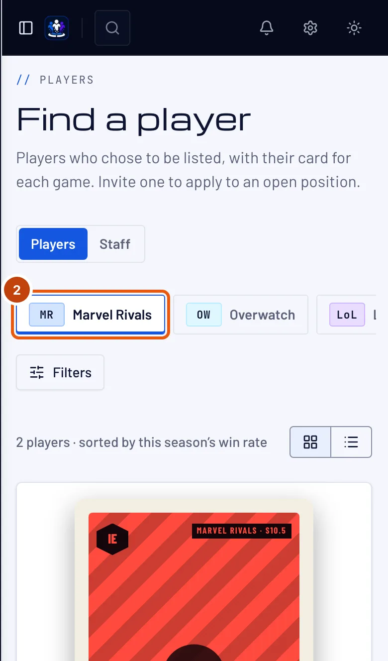 The game tabs, with Marvel Rivals outlined.