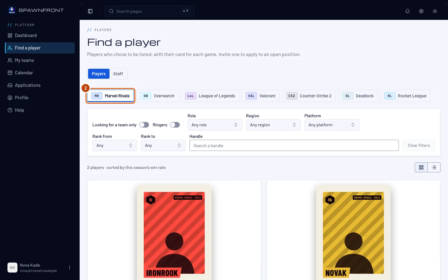 The game tabs, with Marvel Rivals outlined.