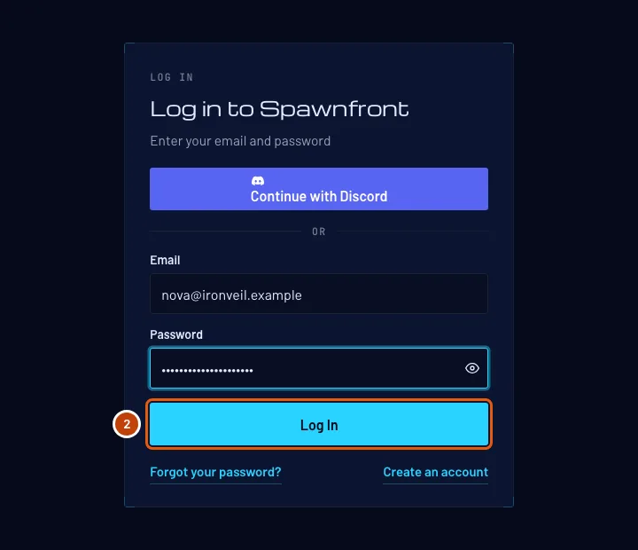 The login form, filled in, with the Log In button outlined.