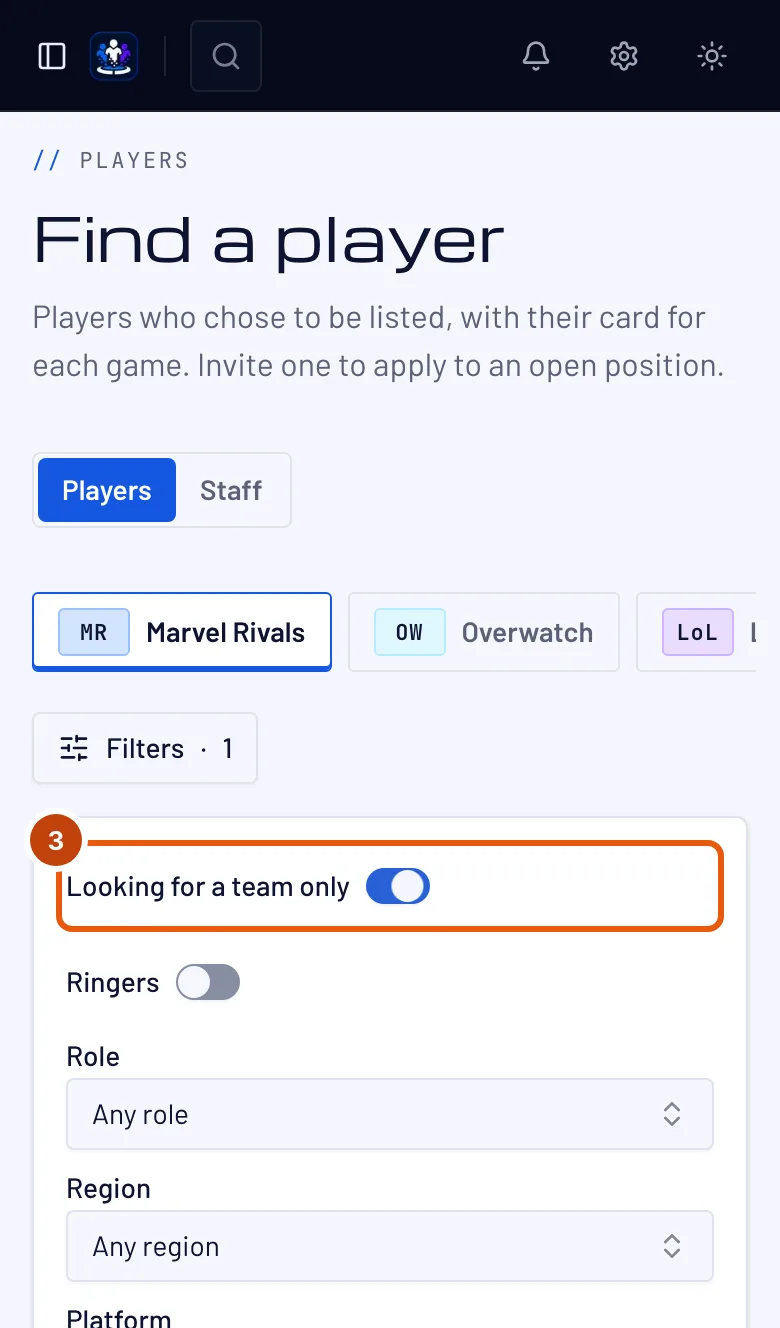 The filters, with the Looking for a team only switch turned on and outlined.