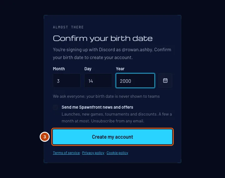The Confirm your birth date page for a Discord signup, filled in, with Create my account outlined.