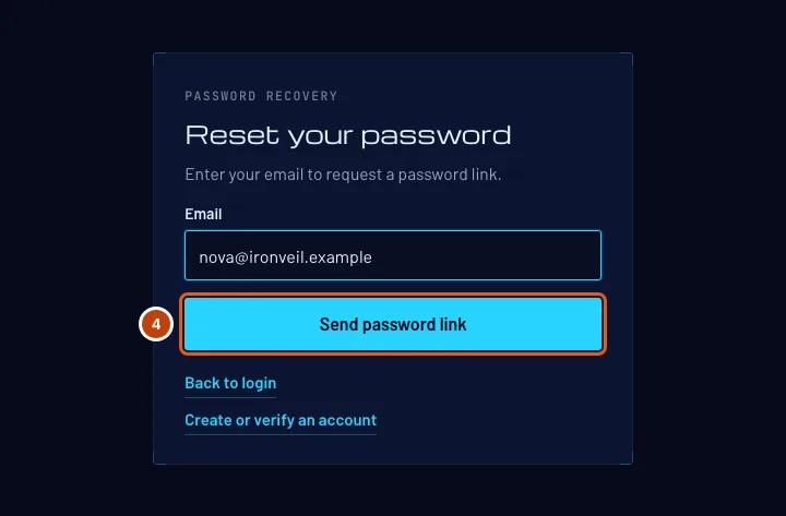 The Reset your password form with an email typed in, and the Send password link button outlined.