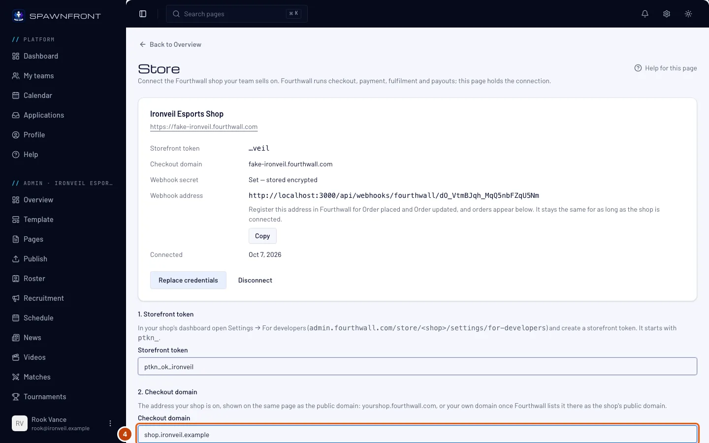 The replace form, with the Checkout domain field outlined and filled with shop.ironveil.example.