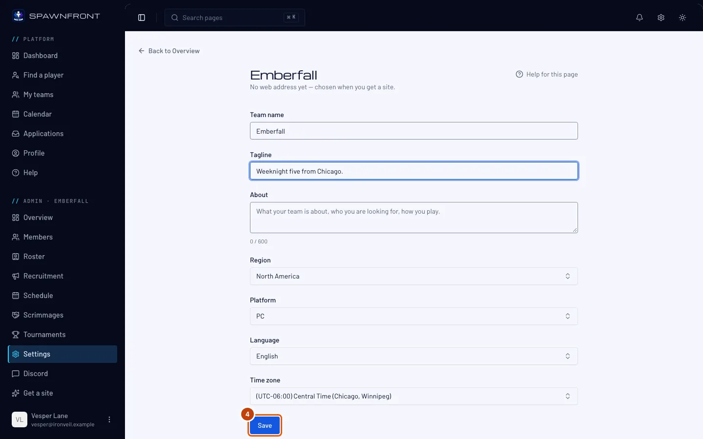 The Settings form, with the Save button outlined.