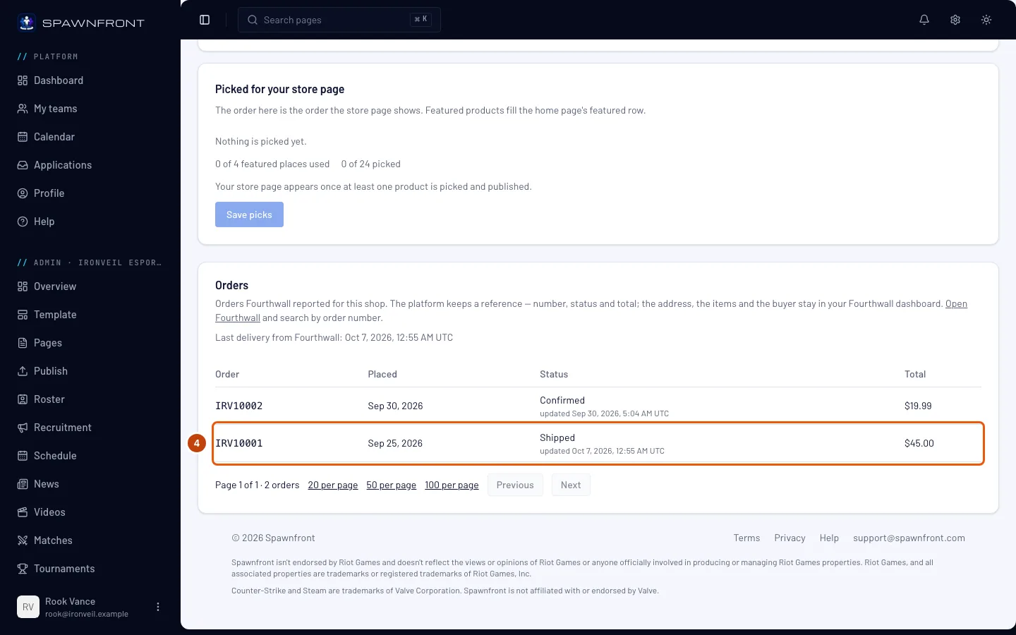 An order row in the Orders panel: its number, the day it was placed, Shipped with its last update, and the total, outlined.