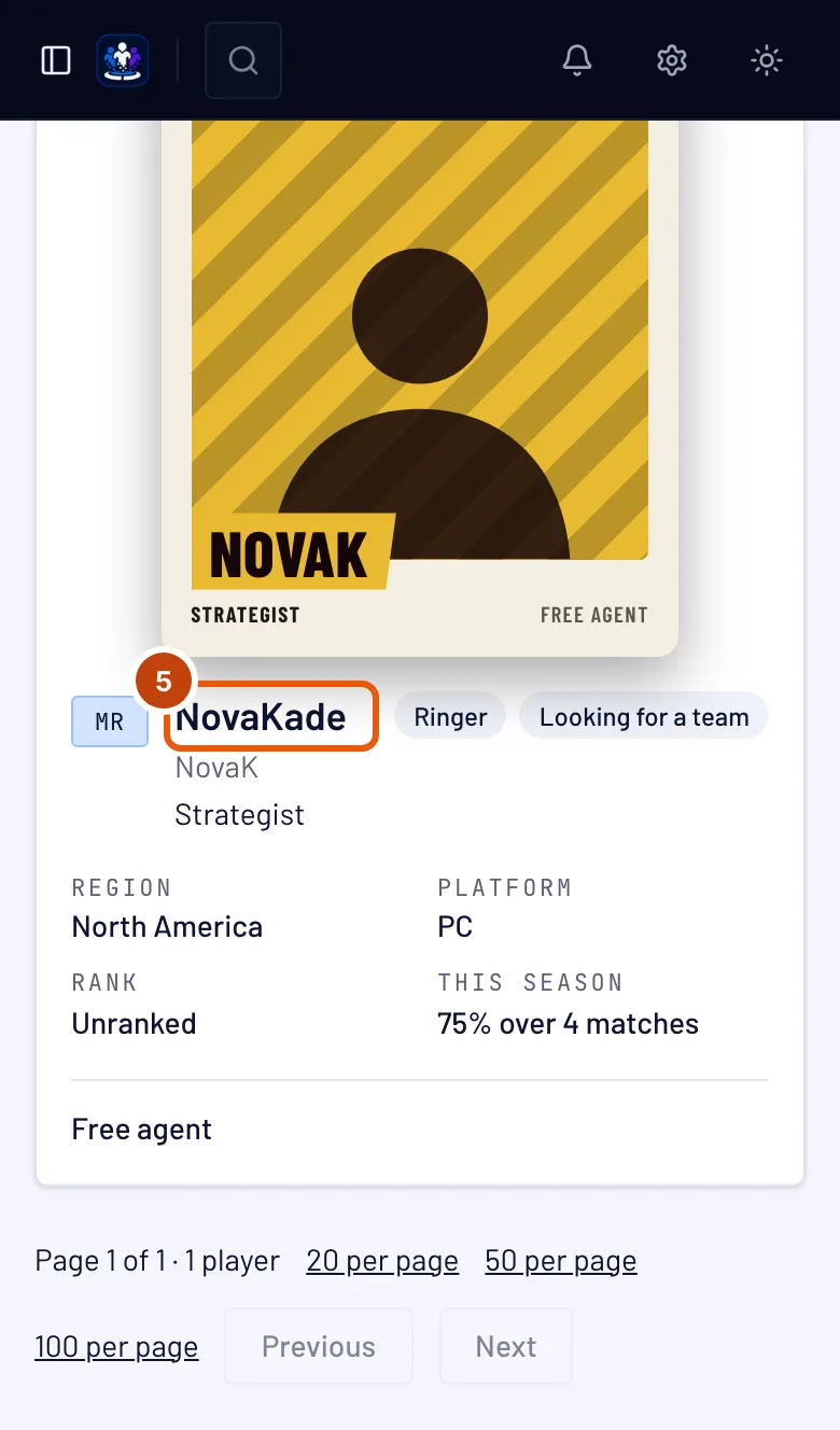A player's result, with the handle outlined.
