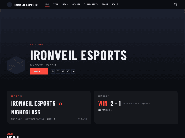 The Broadcast template, showing a team home page. A matchday broadcast look: full-bleed hero, fixtures and results up front, news and roster in cards.