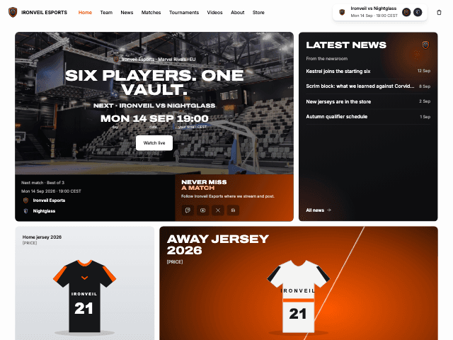 The Clutch template, showing a team home page. Light and bold: a bento hero with the next match, wide uppercase headings, rounded white cards and one bright color.
