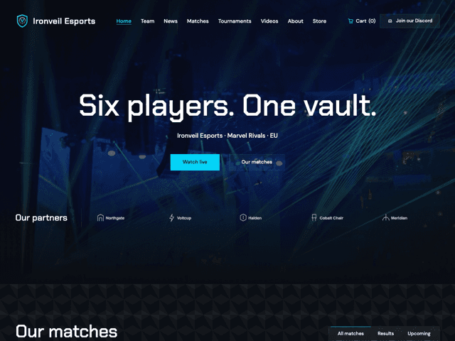 The Faceoff template, showing a team home page. Blue-black and ice cyan: mascot crests facing off, framed panels, a big centered hero and a scattered squad.