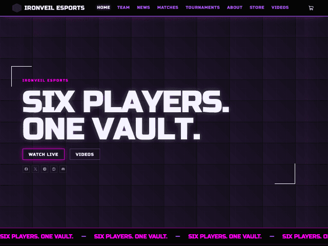 The Neon Grid template, showing a team home page. A black, neon look: an animated grid and a glowing gradient behind the hero, your logo floating over it, glowing buttons, stat counters and a video wall.