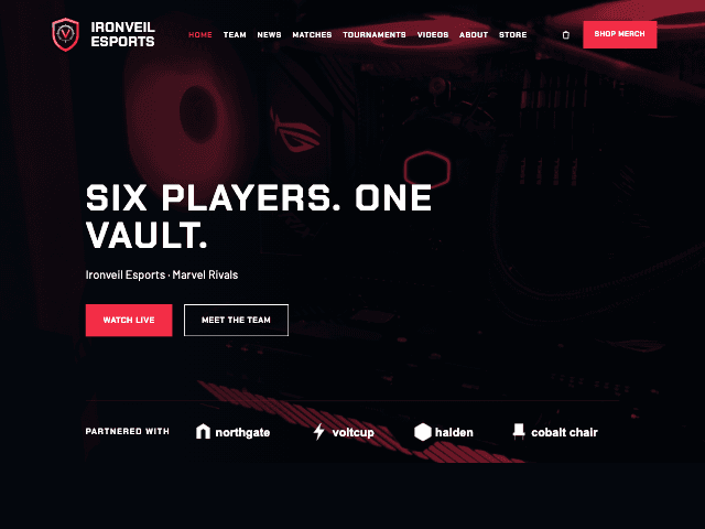 The Redline template, showing a team home page. One red on near-black: red-tinted photos, square buttons, offset slate panels and wide uppercase headings.